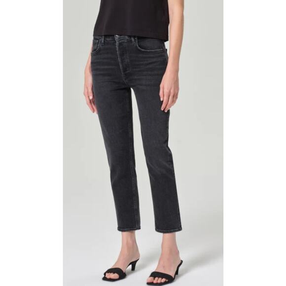 AGOLDE dark wash Riley high rise straight crop button fly denim jeans Panoramic - Picture 13 of 14